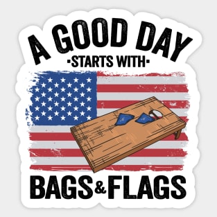 A Good Day Starts With Bags & Flags American Flag Cornhole Sticker